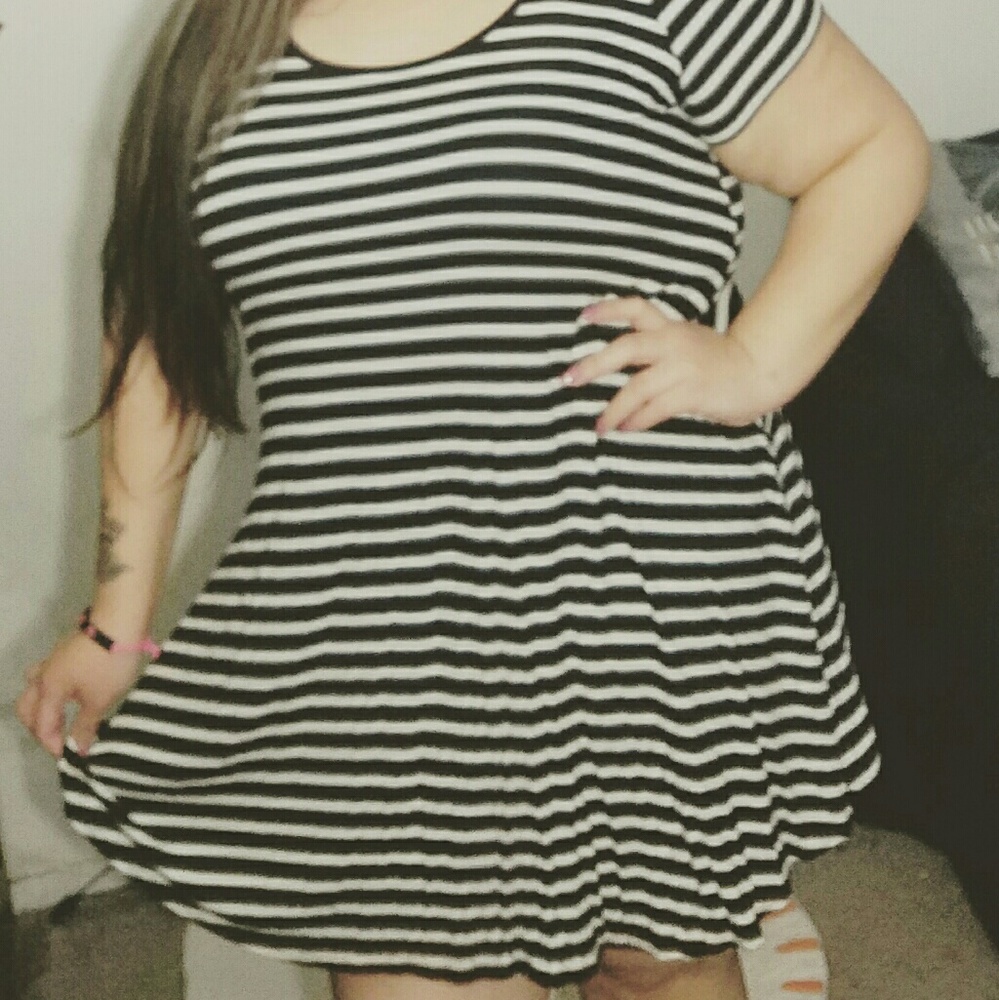 Black and white striped cold shoulder dress